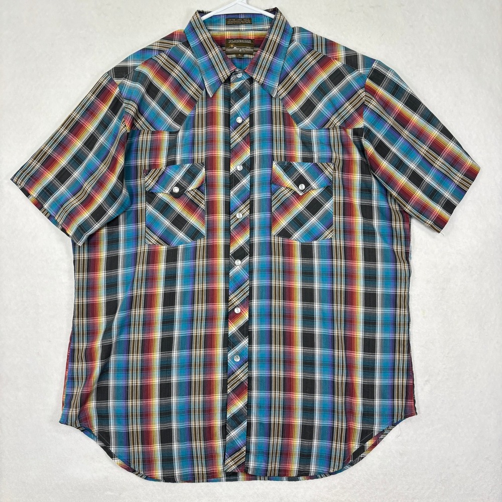 Plainsman Western Pearl Snap Shirt XL‎ Tall Plaid Cowboy Retro